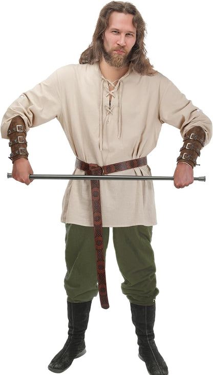 Jiuguva 4-Pcs Halloween Men's Renaissance Costume Set – Medieval Pirate Shirt, Ankle Banded Pants & Viking Belt Accessories