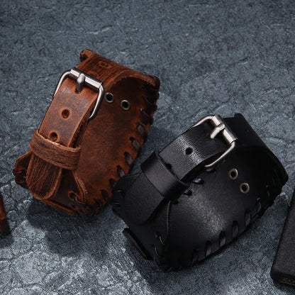 Vintage Viking Leather Braided Bracelet for Men - Celtic Wolf Head Bangle, Classic Animal Motif Jewelry & Hand Accessories