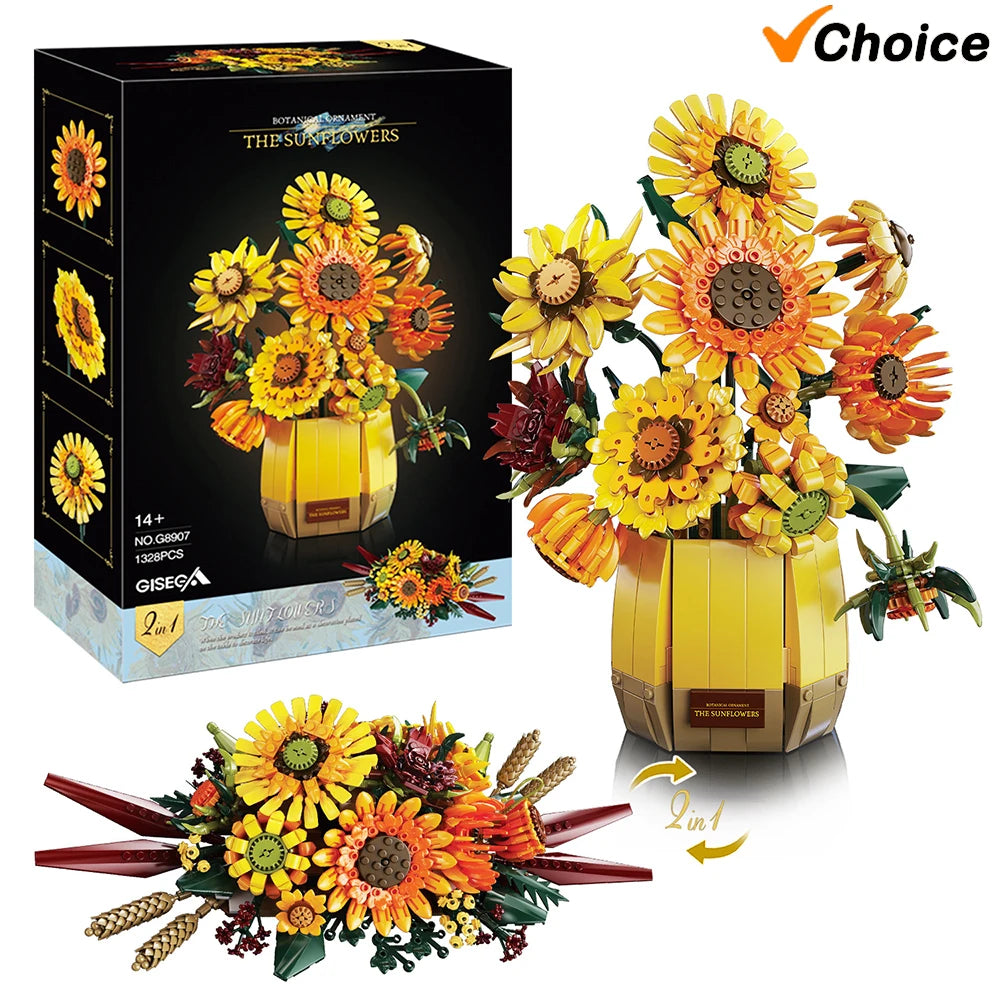 1328PCS Sunflower Building Blocks Set – Creative Flower Bouquet Vase Model for Home Decor & Kids Gifts