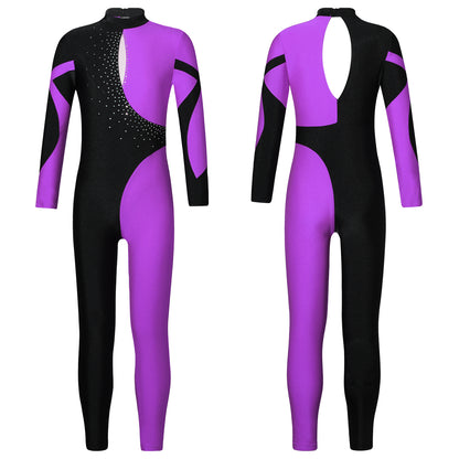 Kids Girls Long Sleeve Rhinestone Bodysuit — Full Body Dancewear Gymnastics Leotard Skating Jumpsuit