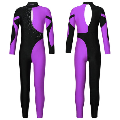 Kids Girls Long Sleeve Rhinestone Bodysuit — Full Body Dancewear Gymnastics Leotard Skating Jumpsuit