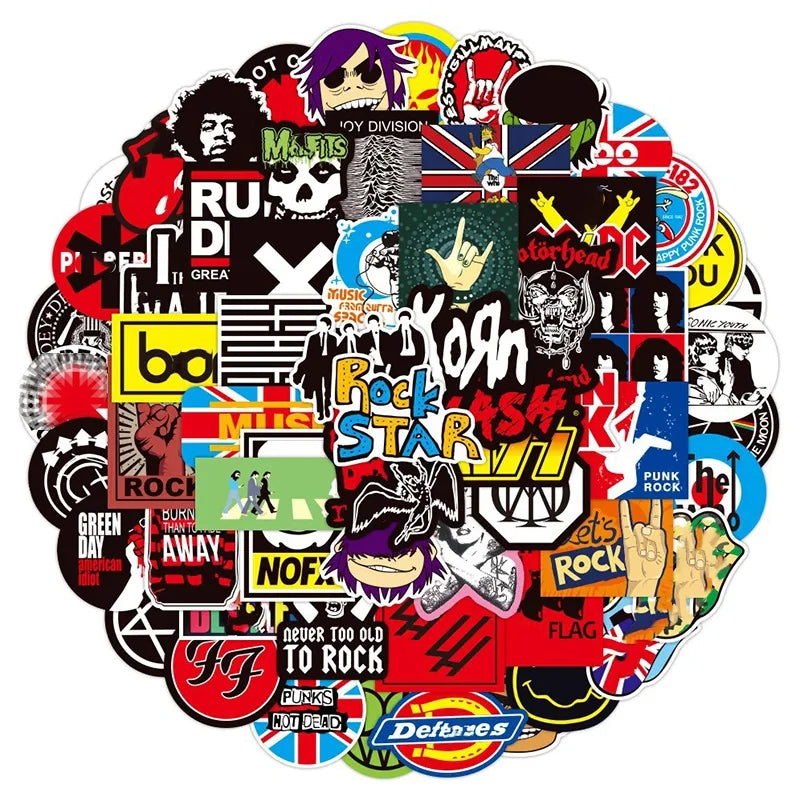 100PCS Classic Rock & Roll Stickers - Music Band Vinyl Decals for Laptops, Guitars, Helmets & Luggage