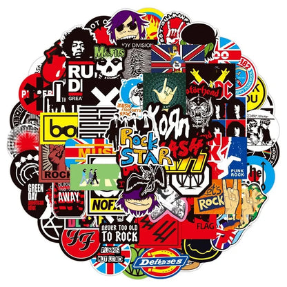 100PCS Classic Rock & Roll Stickers - Music Band Vinyl Decals for Laptops, Guitars, Helmets & Luggage