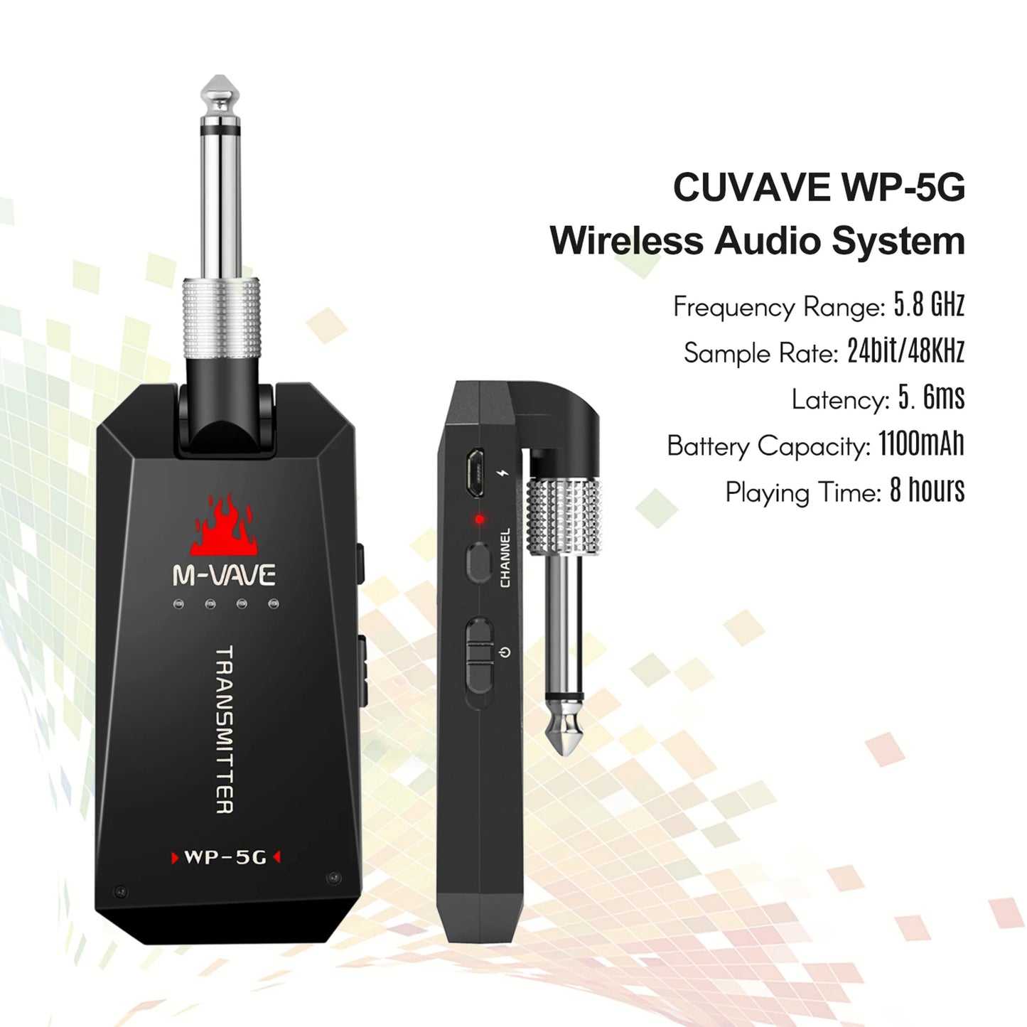 M-VAVE WP-5G Wireless Guitar System - 5.8G Rechargeable Audio Transmitter & Receiver with Type-C Cable for Guitar Amplifier