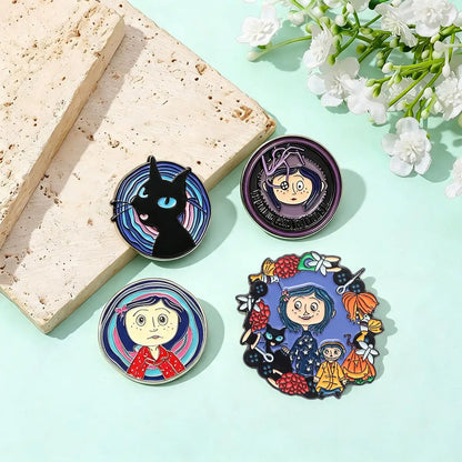 4-Piece Horror Movie Enamel Pin Set – Ghost and Cartoon Character Lapel Brooches for Backpacks, Cosplay, and Halloween Gifts