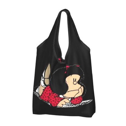 Anime Mafalda Cartoon Grocery Tote Bag – Large Capacity Fashion Shopper Shoulder Handbag, Portable Kawaii Canvas Bag for Everyday Use