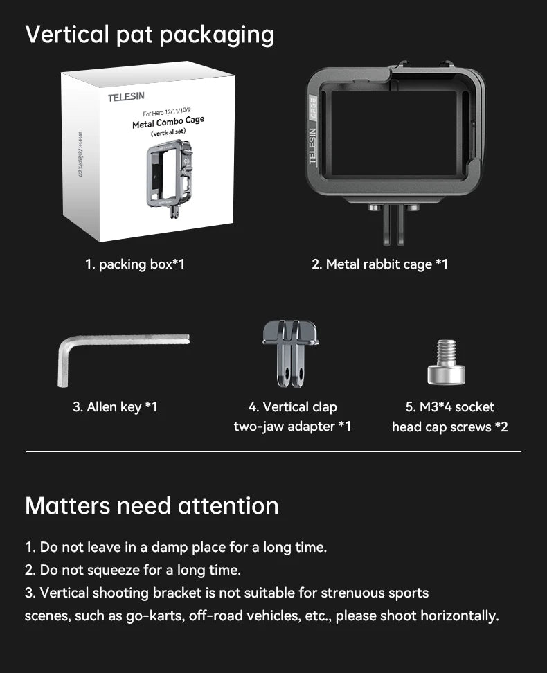 TELESIN Aluminum Alloy Cage for GoPro Hero 12/11/10/9 – Vlog Frame Case with Cold Shoe Mount & Protective Housing