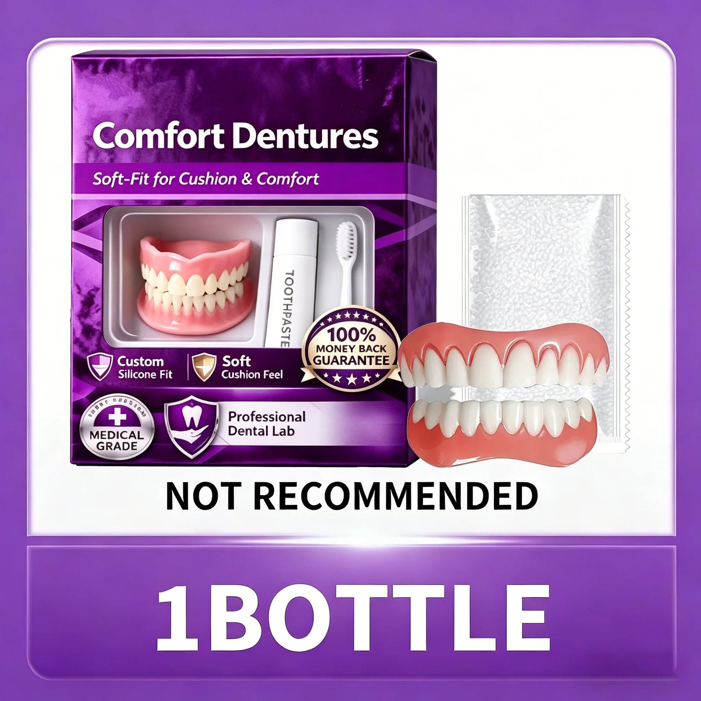 Full Upper & Lower Silicone Dentures Set - Comfort Fit Instant Smile Replacement Teeth