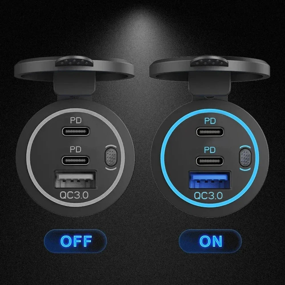 QC3.0 + PD 78W Car Charger Socket Triple USB Type-C Fast Charging Power Adapter with Switch Waterproof 12V/24V Universal Car Charger