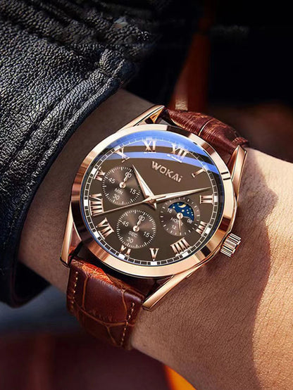 Fashion Business Three-Eye Roman Dial Quartz Watch - Bamboo Belt, Elegant & Stylish Timepiece