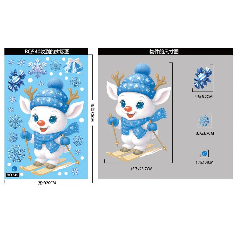 Christmas Blue Snowman Window Stickers – Santa, Snowflake, Bird & Elk Ornaments for Merry Christmas 2025 and Happy New Year 2026