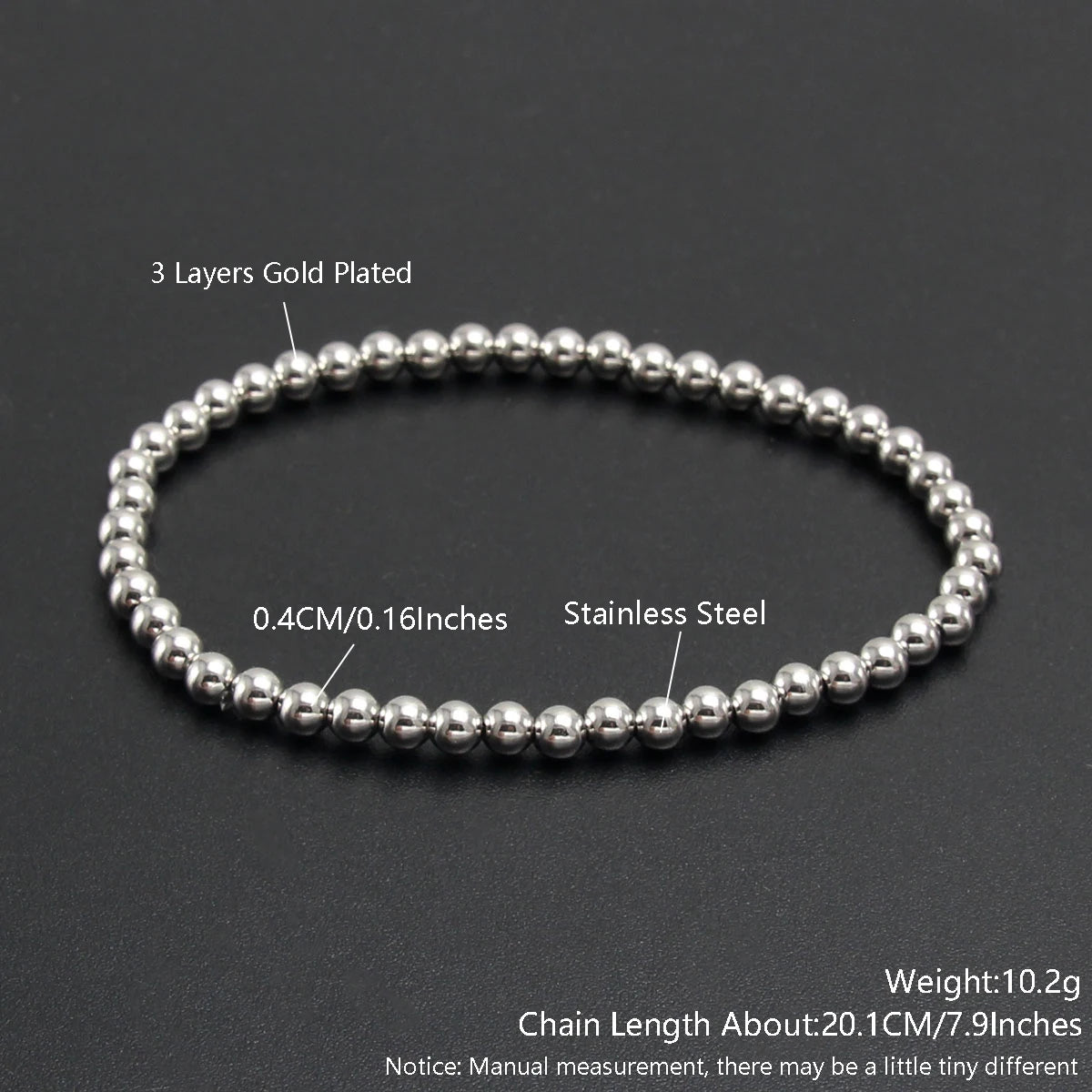 MHS.SUN Trendy Stainless Steel Stretch Bracelet — Gold & Silver Beaded 2mm/5mm/8mm for Men & Women