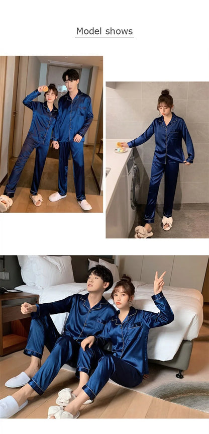 Solid Color Silk Satin Pajama Set – Long Button-Down Sleepwear for Couples, Women & Men Loungewear Plus Size