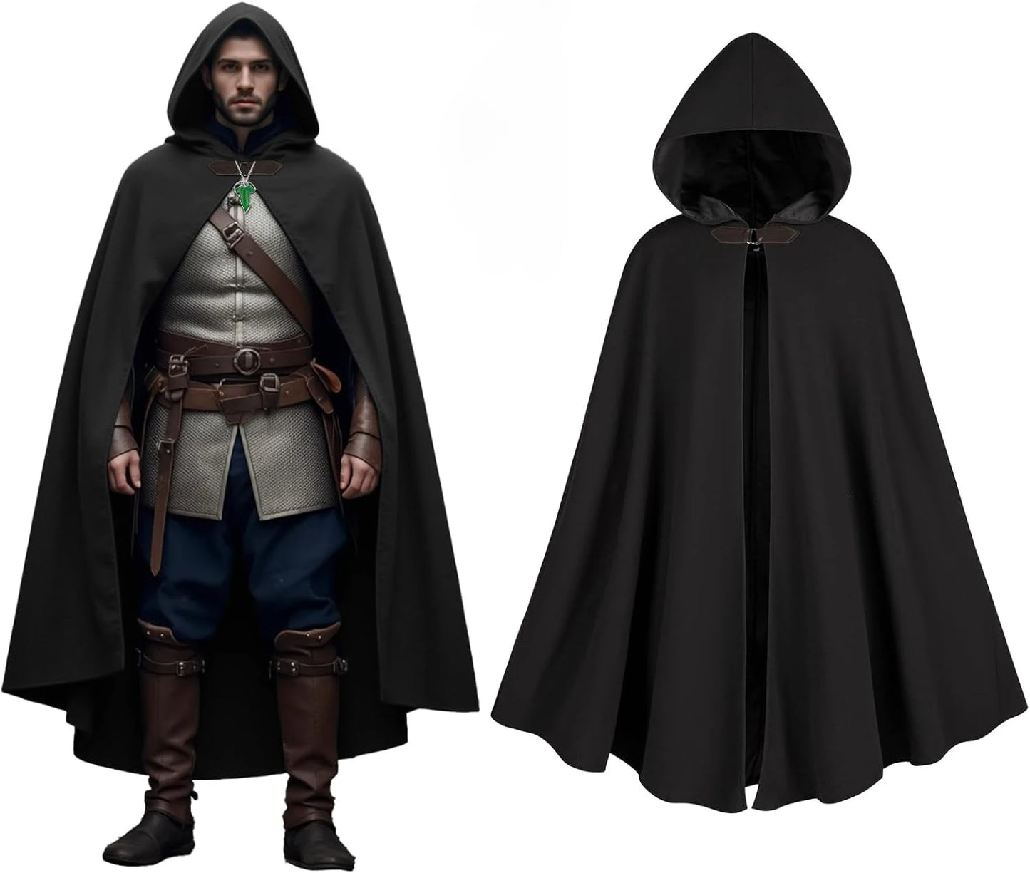 Men’s Medieval Hooded Cloak – Round Metal Buckle with Green Leaf Brooch Necklace for Halloween Costume