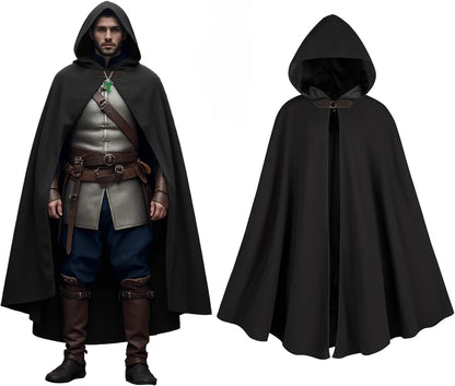 Men’s Medieval Hooded Cloak – Round Metal Buckle with Green Leaf Brooch Necklace for Halloween Costume