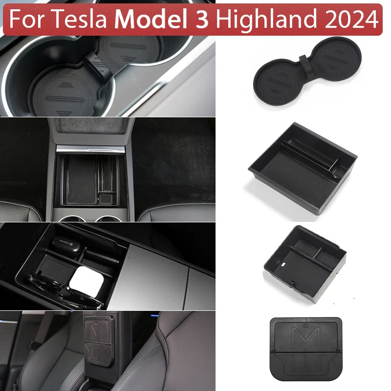 Tesla Model Y/3 Center Console Storage Box – Hidden Organizer Tray & Webcam Cover (2021–2024 Accessories)