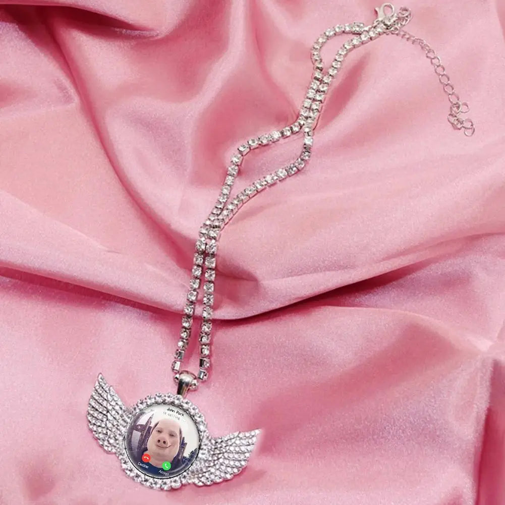John Pork Calling Necklace - Funny Pig Lover Moon Pendant with Angel Wings Graphic Jewelry Gift