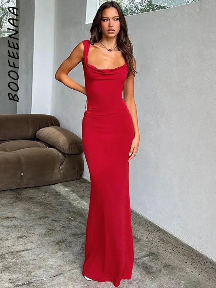 BOOFEENAA Sexy Bow Backless Maxi Dress for Women – Elegant Long Party Dress, Black & Red Birthday Outfit Fashion 2024 Model C83-CZ27