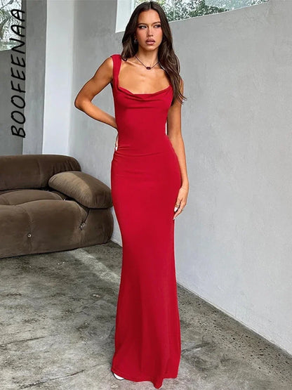 BOOFEENAA Sexy Bow Backless Maxi Dress for Women – Elegant Long Party Dress, Black & Red Birthday Outfit Fashion 2024 Model C83-CZ27