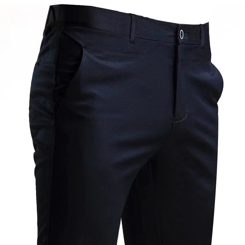 Men's Stretch Suit Pants – Smart Casual Solid Color Straight Trousers | Black Full-Length Work & Dress Pants