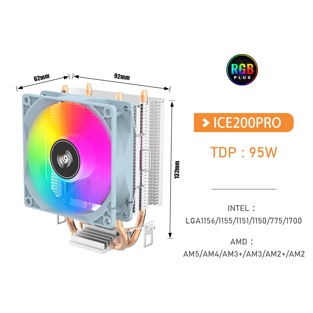 Aigo ICE200PRO CPU Air Cooler — 2 Heatpipe Radiator with 3-Pin PWM Quiet Fan for Intel LGA 115X/1200/1700 & AMD AM4/AM5