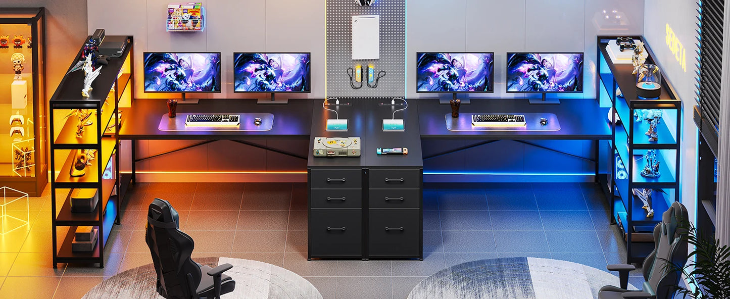 L-Shaped Gaming Desk – Reversible U Shaped Computer Desk with Power Outlet, Storage Shelves & LED Lighting