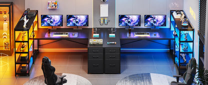 L-Shaped Gaming Desk – Reversible U Shaped Computer Desk with Power Outlet, Storage Shelves & LED Lighting