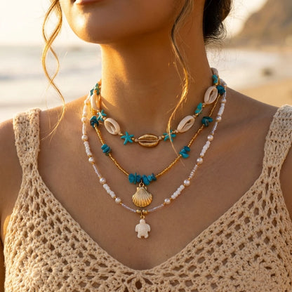 Bohemian Shell Layered Necklace - Vintage Starfish & Turtle Blue Beaded Beach Jewelry for Women
