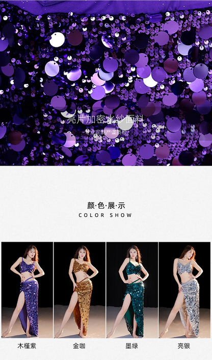 2-Piece Belly Dance Costume Set for Women – Sexy Sequin Top & Skirt Outfit for Stage Performance & Training