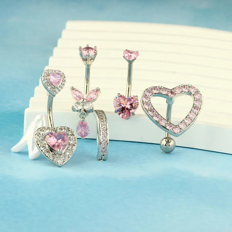 Pink Crown Belly Button Ring – Stainless Steel Heart Navel Piercing Barbell with Crystal for Women & Girls