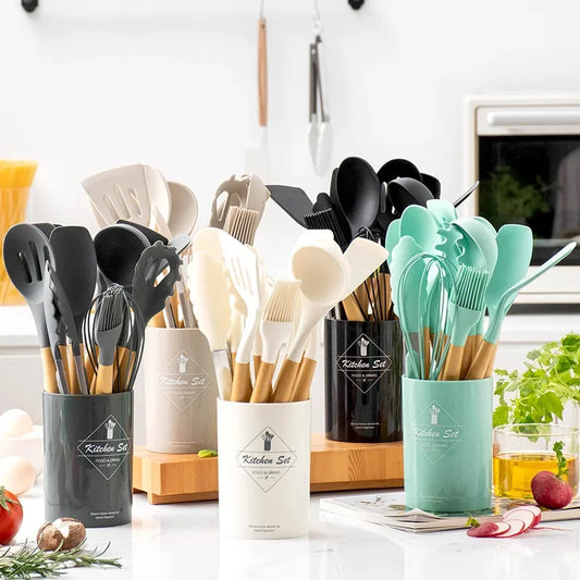12PCS Silicone Kitchen Utensils Set - Food Grade Cookware with Turner, Spatula, Measuring Spoon, Practical Cooking Tools