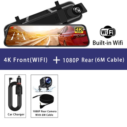 10'' 4K Mirror Dash Cam with GPS & WiFi – Dual Lens Car DVR, IPS Screen, Rearview Streaming Recorder