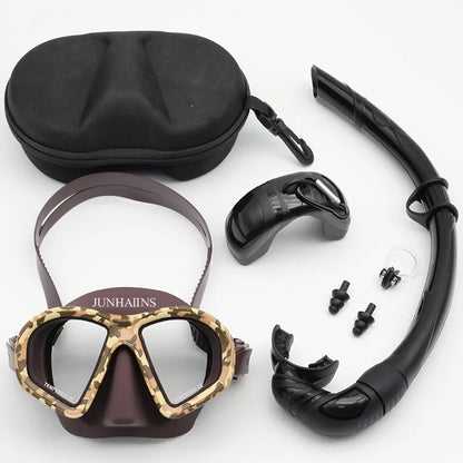 Freediving Mask with Camera Mount - Two-Window Tempered Glass Waterproof Anti-Fog Snorkeling Mask