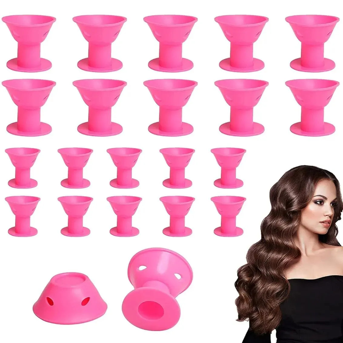 Pink Magic Silicone Hair Curlers – Soft Rubber No Heat, No Clip Hair Rollers with Bag & Hairnet for Curling