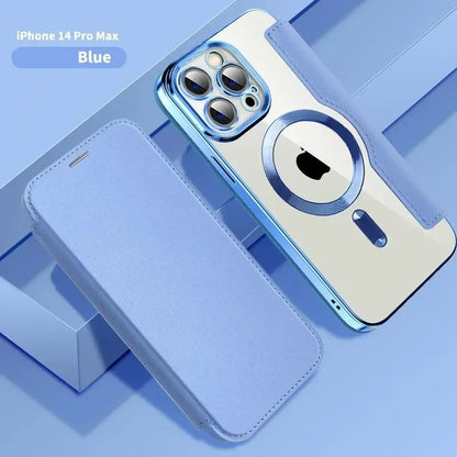Electroplated Flip Leather Case for iPhone 16, 15, 14, 13, 12 & 11 Plus Pro Max – Luxury MagSafe Wireless Charging Protective Cover