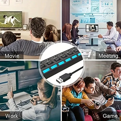 High-Speed USB 2.0 Hub with 4 or 7 Ports - Multi-USB Splitter with LED Indicator and Individual Switches for PC and Laptop