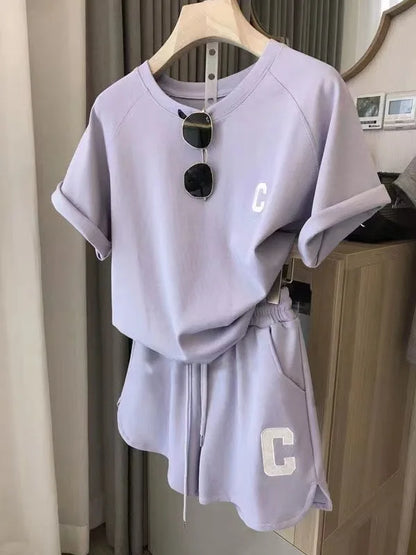 Women's 2-Piece Summer Pajamas Set – Loose Short Sleeve T-Shirt and Casual Shorts with Sports Letter Print, Large Size Homewear