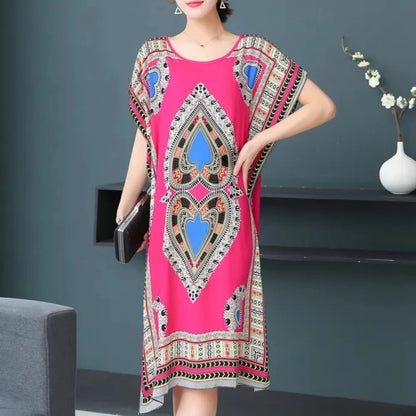 Women’s Bohemian Floral Tunic Dress - Retro Ethnic Print Batwing Sleeve Loose Summer Maternity Streetwear