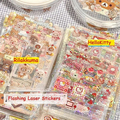 Cute Cartoon Character Sticker Sheets - Hello Kitty & Rilakkuma Die-Cut Laser Stickers for DIY Crafts & Kids Fun