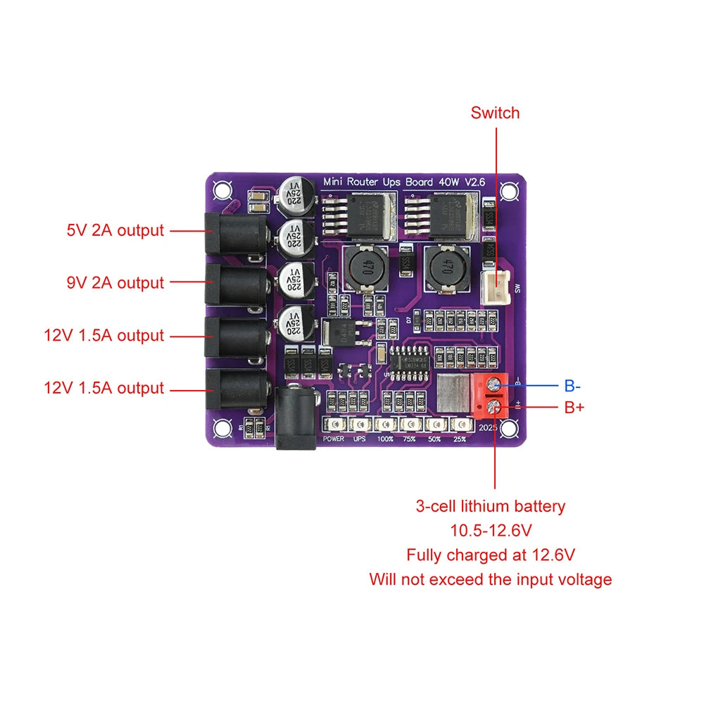 40W Mini Router UPS Board - 5V 9V 12V 4-Channel Output Battery Charging Module for Uninterruptible Power Supply