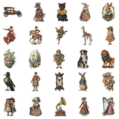 50-Piece Victorian Vintage PET Stickers - Transparent Waterproof DIY Decals for Laptops, Bicycles, Guitars and Skateboards