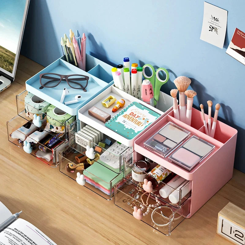 Small Desk Organizer with Drawer - Desktop Storage Box for Makeup, Pens, Business Cards, Phone & Stationery