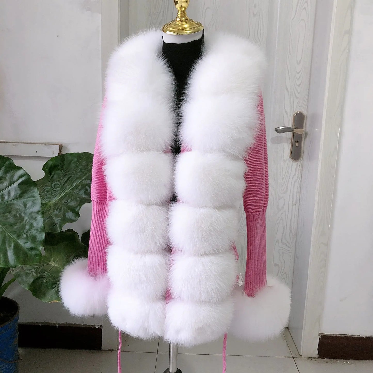 Women’s Spring & Autumn Sweater Cardigan – Real Fox Fur Collar Jacket, Natural Fur Outerwear