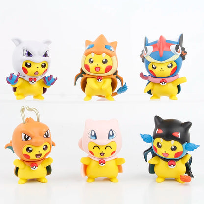 6PCS Pokemon Pikachu as Charizard & Mew Figures – 7cm Anime Toy Set Collectibles