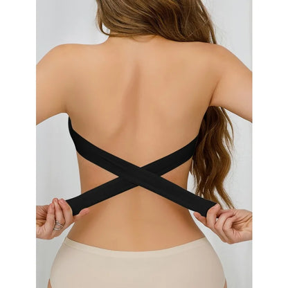Strapless Bra with Side Clasps – Nylon Knit Fabric, Removable Padding & Crisscross Strap Details