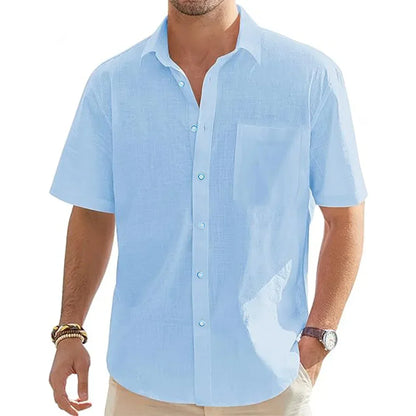 Men’s Cotton Linen Short Sleeve Shirt - Lightweight Casual Beach Vacation Button Top with Pocket