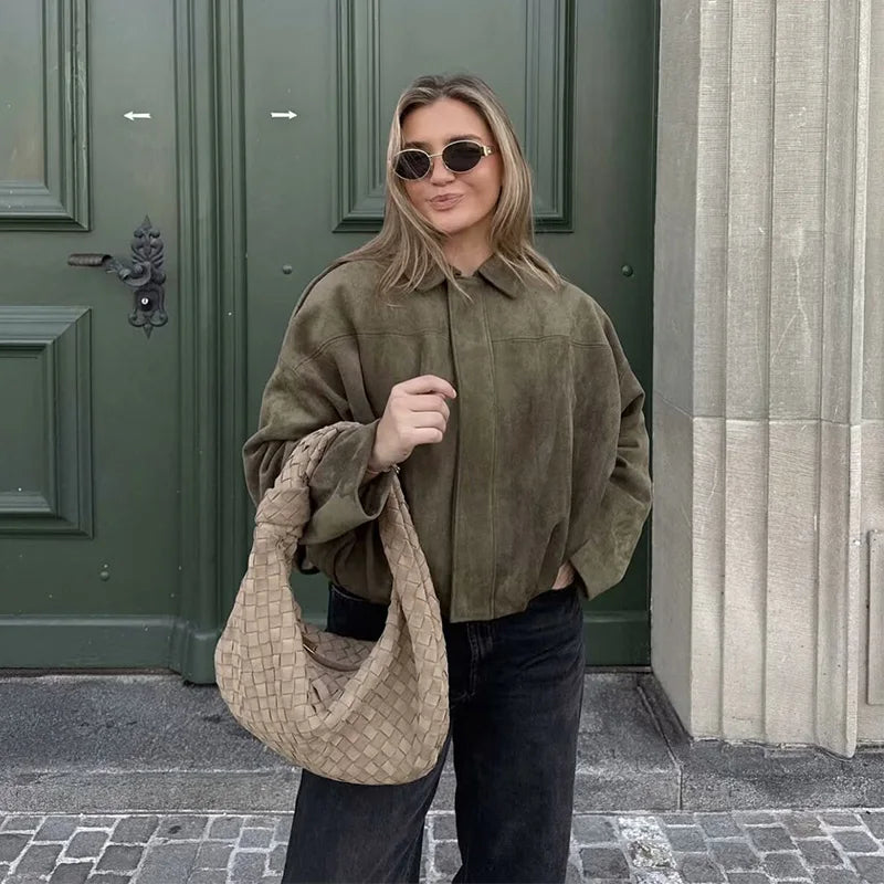 Women's Vintage Bomber Jacket Coat – Turn-Down Collar Long Sleeve Loose Fit Chic Fashion Outerwear