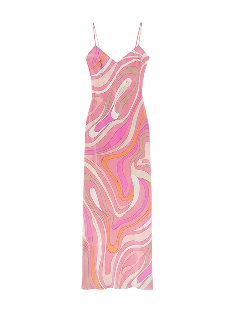 Women’s Striped Rainbow Spaghetti Strap Dress – Sleeveless Backless V-Neck Split Beach Dress, 2025 Summer Party Chic Robe