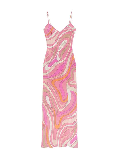 Women’s Striped Rainbow Spaghetti Strap Dress – Sleeveless Backless V-Neck Split Beach Dress, 2025 Summer Party Chic Robe