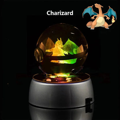 Anime Pokemon 3D Crystal Ball – Snorlax & Charizard Engraved Pokeball Figure with LED Light Base, Kids Gift